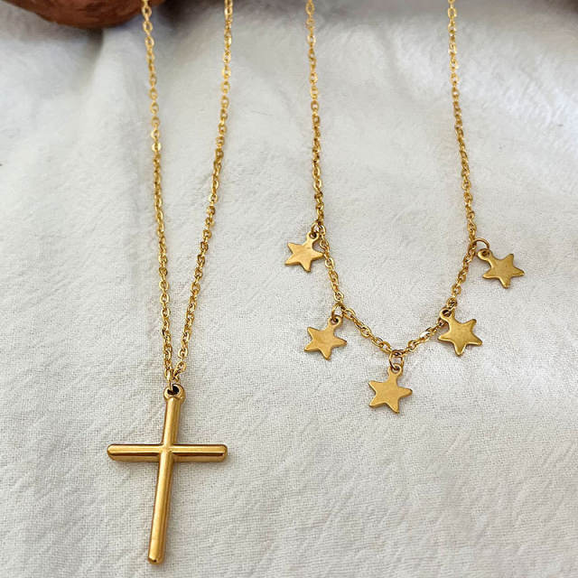 Simple tiny star cross pendant stainless steel necklace