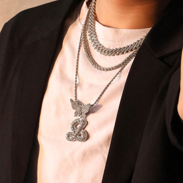 Hiphop iceout initial letter charm tennis necklace chain for men women