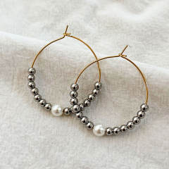 Concise pearl bead stainless steel hoop earrings