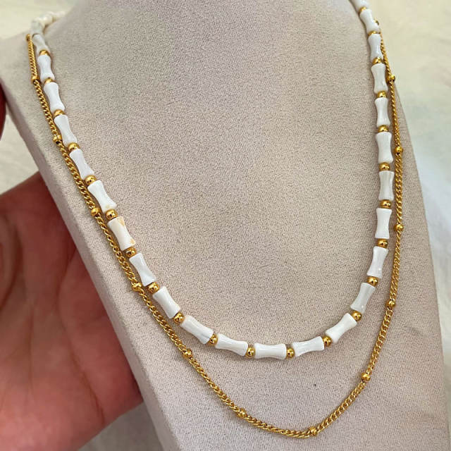 Summer white shell bamboo two layer stainless steel necklace