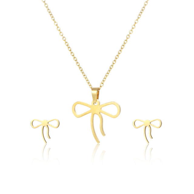 Cute hollow bow dainty stainless steel necklace set