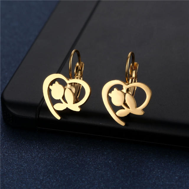 Sweet rose flower heart shape stainless steel huggie earrings