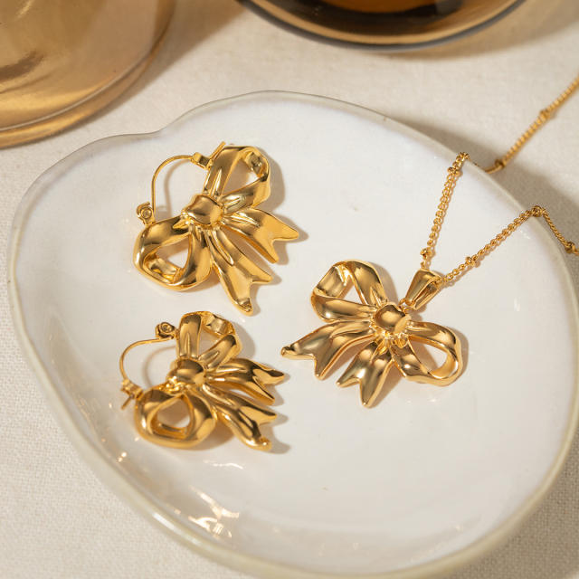 Super popular stainless steel bow necklace earrings set
