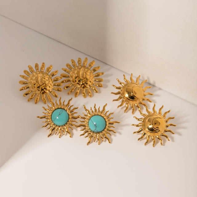 18KG personality sunflower turquoised bead stainless steel earrings