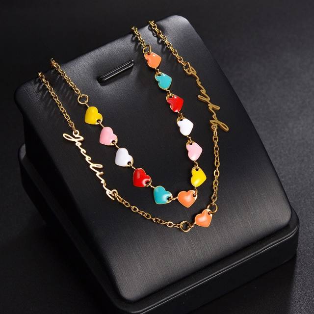 Colorful enamel heart stainless steel custom name two layer necklace