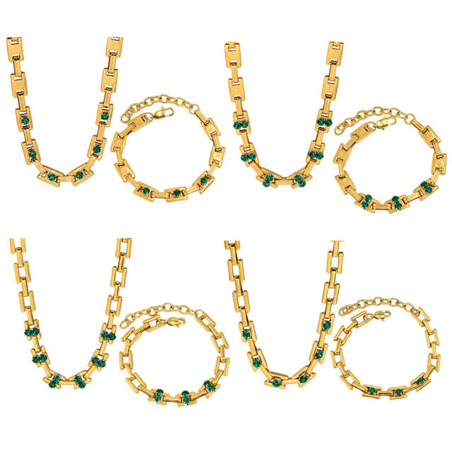 Vintage 18KG chunky chain rhinestone stainless steel necklace bracelet set