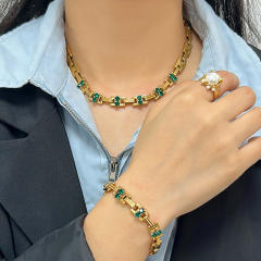 Vintage 18KG chunky chain rhinestone stainless steel necklace bracelet set