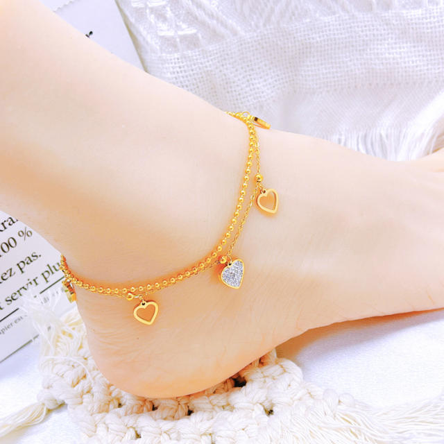 Korean fashion two layer diamond heart stainless steel anklet
