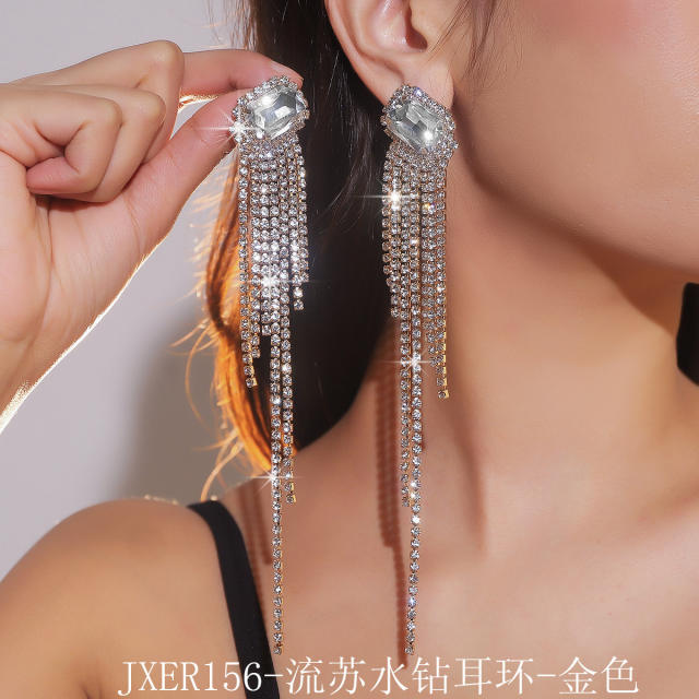 Luxury elegant diamond tassel long earrings