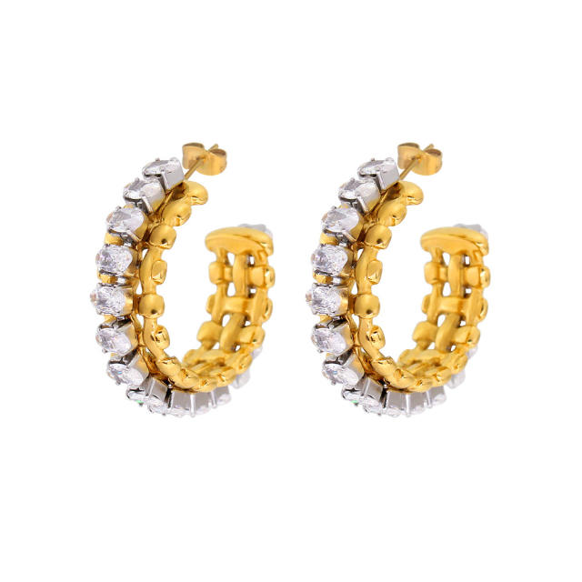 18KG diamond open hoop stainless steel earrings