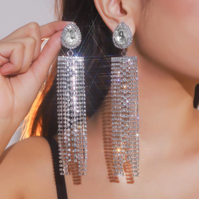 Luxury super shiny diamond tassel long earrings