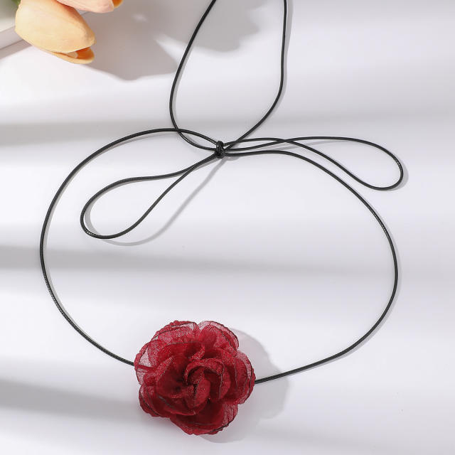 Vintage rose flower wax rope strappy choker necklace