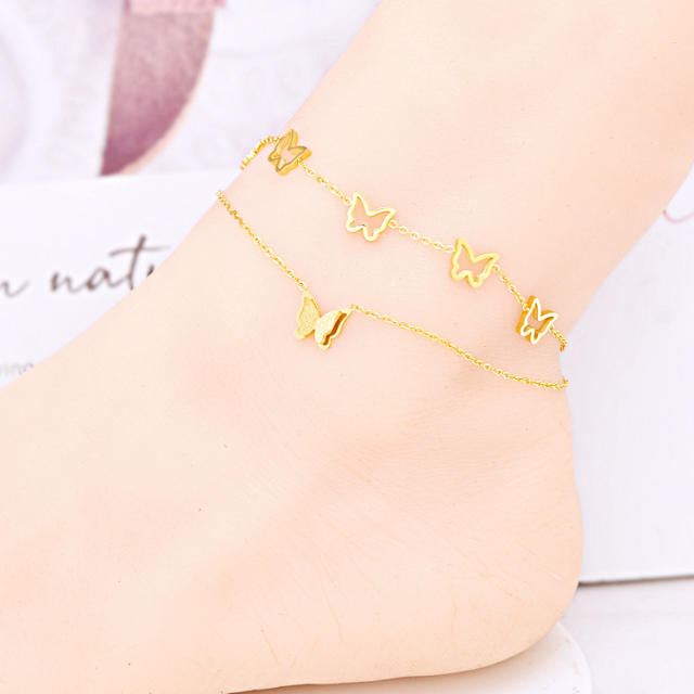 Dainty two layer hollow out butterfly stainless steel anklet