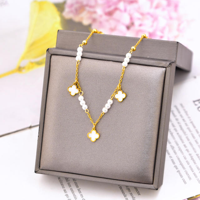 Korean fashion pearl bead clover stainless steel anklet