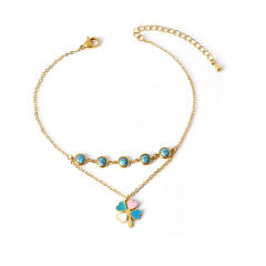 Korean fashion turquoise bead life tree clover stainless steel anklet