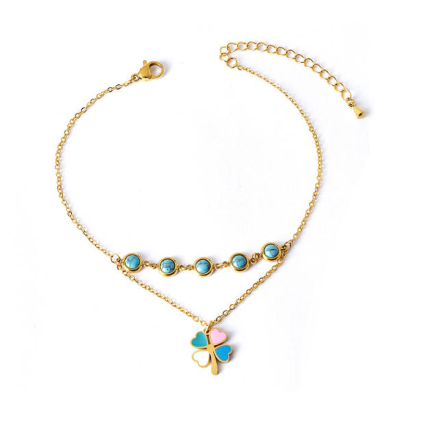 Korean fashion turquoise bead life tree clover stainless steel anklet