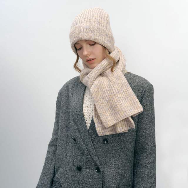 Plain color warm knitted beanie cap scarf set
