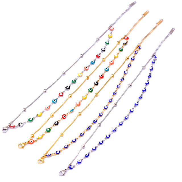 Personality colorful evil eye bead stainless steel anklet