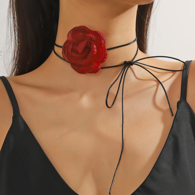 Vintage rose flower wax rope strappy choker necklace