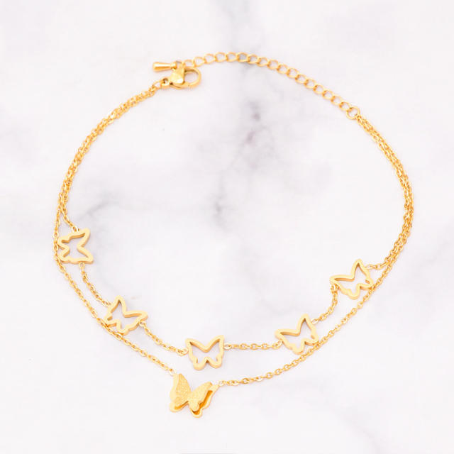 Dainty two layer hollow out butterfly stainless steel anklet