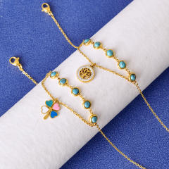 Korean fashion turquoise bead life tree clover stainless steel anklet