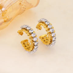 18KG diamond open hoop stainless steel earrings