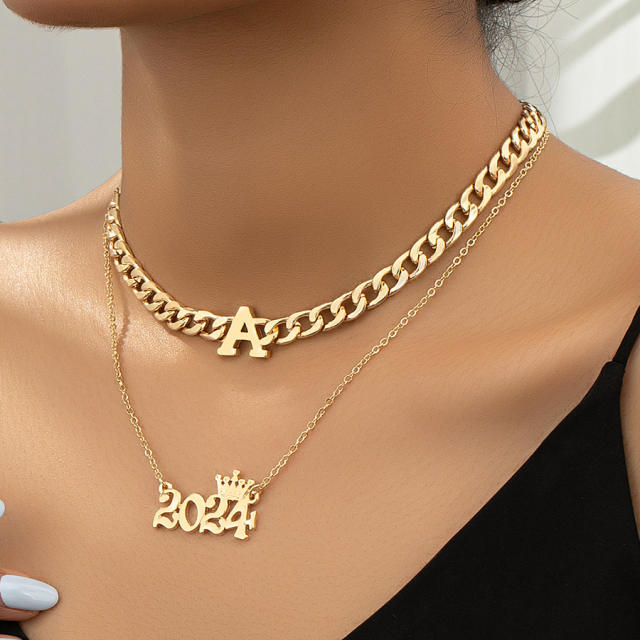 Chunky initial letter 2024 two layer cuban link chain necklace