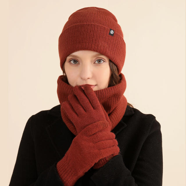 3pcs knitted warm beanie cap scarf gloove set