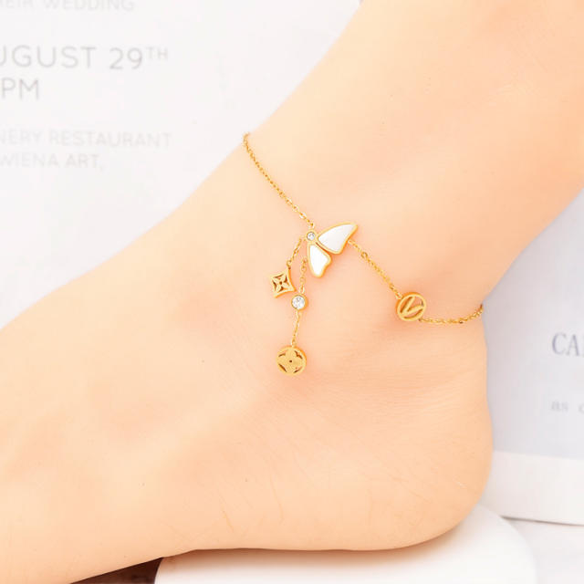 Korean fashion white butterfly stainless steel anklet