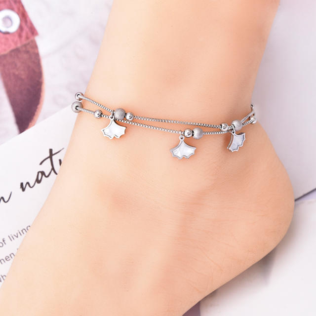 Korean fashion ginkgo leaf charm frosted bead two layer stainless steel anklet