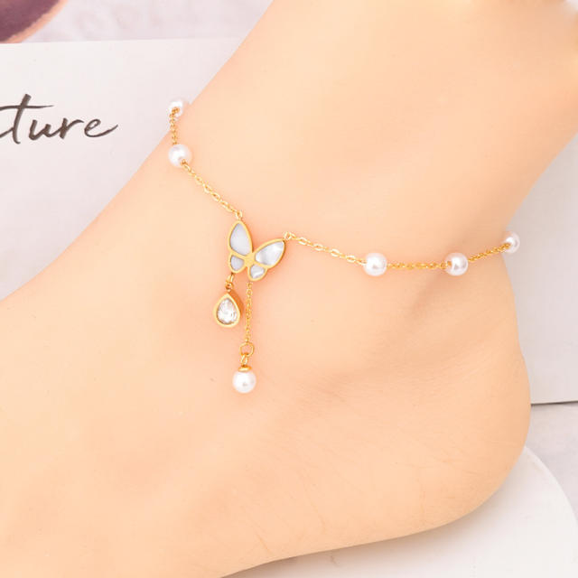 Korean fashion pearl bead butterfly stainless steel anklet