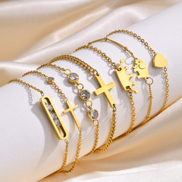Easy match gold color crown cross stainless steel bracelet