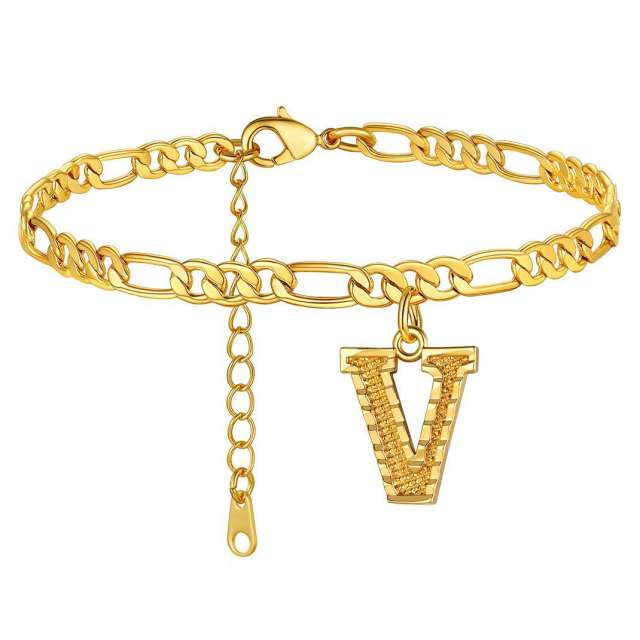 Hot sale cuban link chain initial letter charm stainless steel anklet