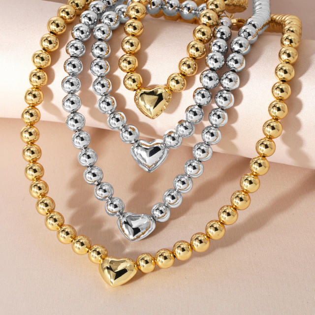 Hot sale chunky heart ball bead chain gold plated copper necklace bracelet set