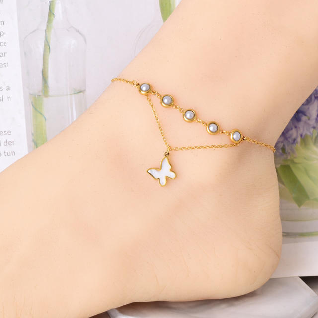 Fashionbale heart butterfly charm pearl bead stainless steel anklet