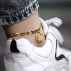 Hot sale cuban link chain initial letter charm stainless steel anklet