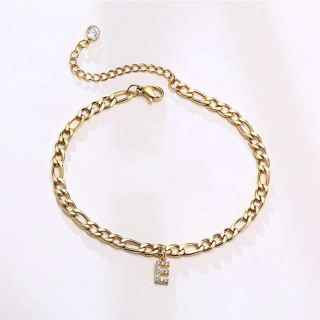 Initial letter charm figaro chain stainless steel anklet