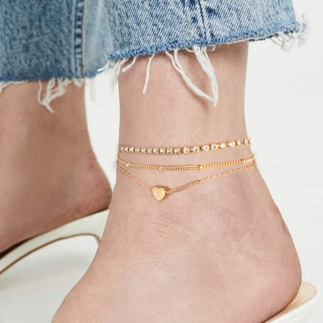 Three layer delicate heart initial letter copper anklet