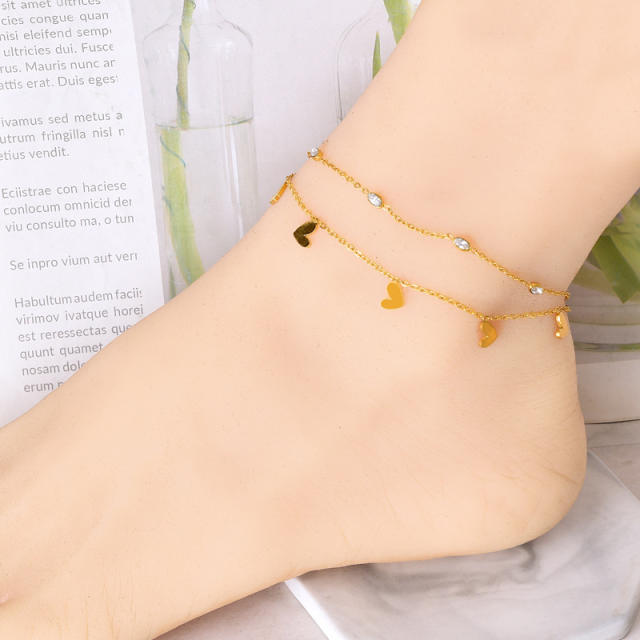 Delicate two layer cartoon heart flower stainless steel anklet