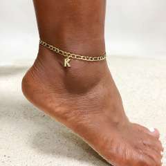 Initial letter charm figaro chain stainless steel anklet