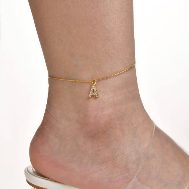 Diamond initial letter charm slide stainless steel anklet