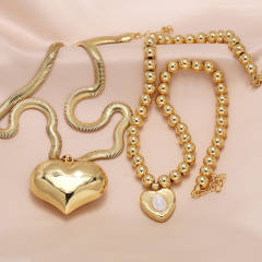 Hiphop chunky heart ball bead pendant gold plated copper necklace