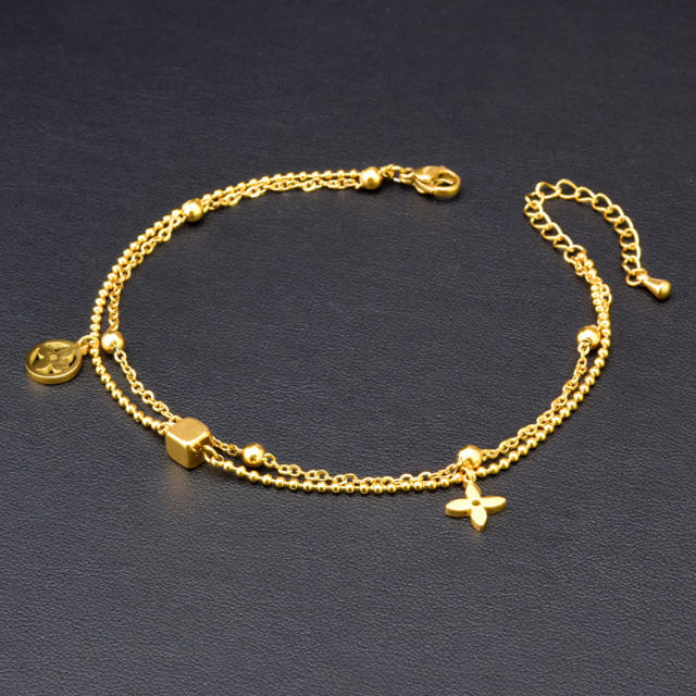 Delicate two layer clover charm stainless steel anklet