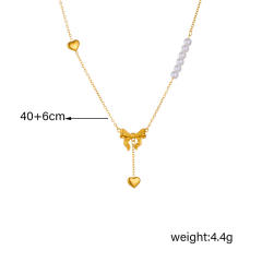 Dainty hot sale bow pearl bead stainless steel necklace