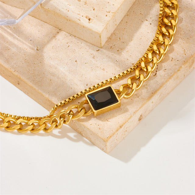 Hiphop black glass stone cuban link chain stainless steel bracelet