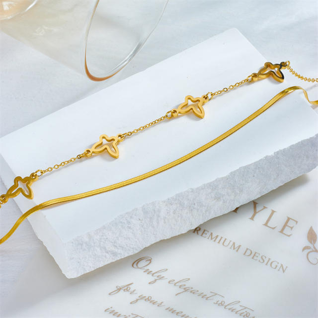 Delicate two layer hollow butterfly snake chain stainless steel anklet