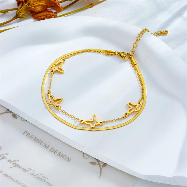 Delicate two layer hollow butterfly snake chain stainless steel anklet