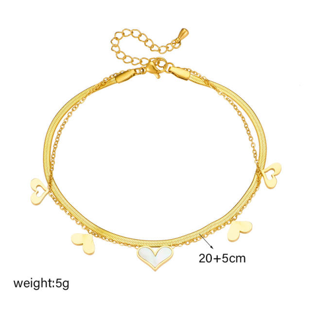Korean fashion heart charm two layer stainless steel anklet