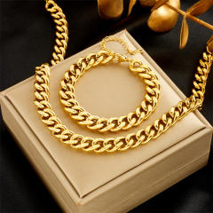 Punk trend cuban link chain stainless steel necklace bracelet set