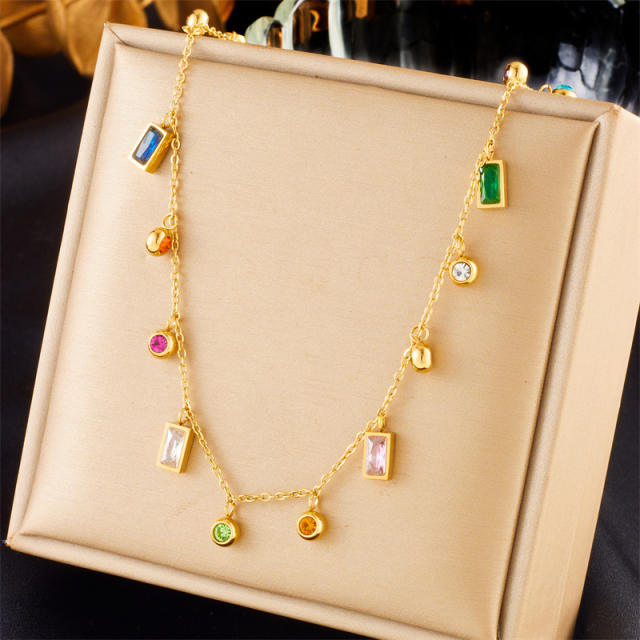 Dainty colorful cubic zircon charm stainless steel necklace